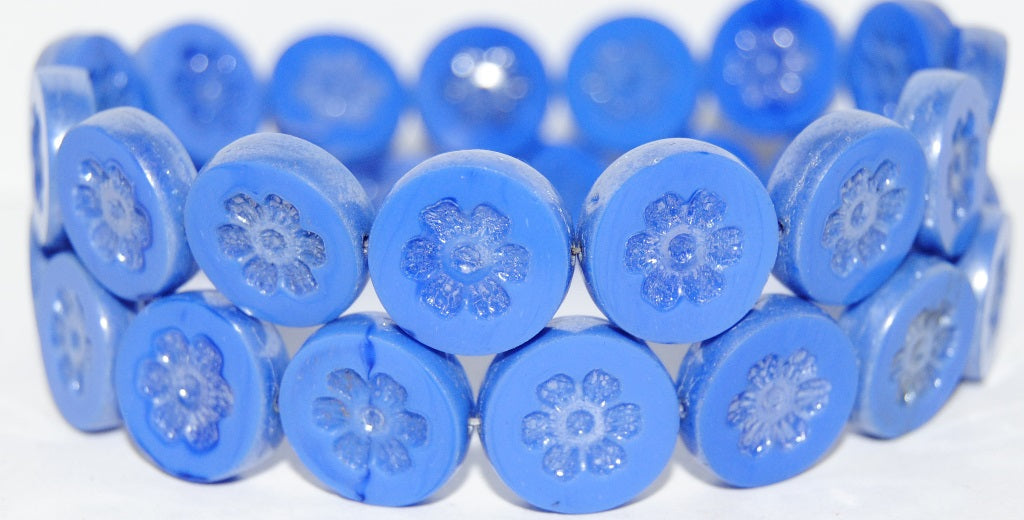 Table Cut Round Beads With Flower, Opaque Light Blue Luster Cream (33010 14401), Glass, Czech Republic