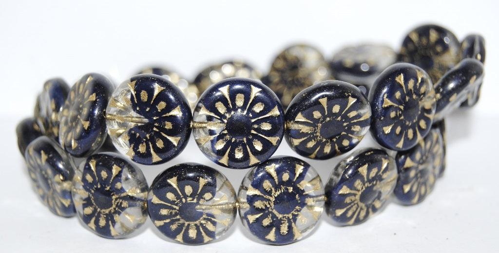 Flat Round With Flower Pressed Glass Beads, (36028 54202), Glass, Czech Republic