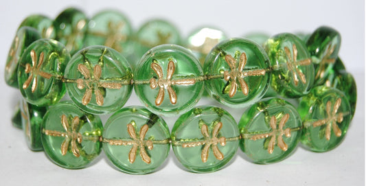 Round Flat Wit Dragonfly Pressed Glass Beads, Transparent Green 54202 (50520 54202), Glass, Czech Republic