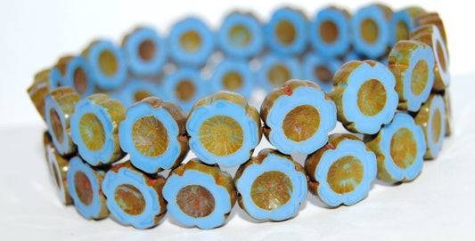 Table Cut Round Beads Hawaii Flowers, Opaque Blue Travertin (33100 86800), Glass, Czech Republic