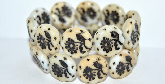 Round Flat With Flower Marguerite Pressed Glass Beads, Dark Beige 46769 (7193 46769), Glass, Czech Republic