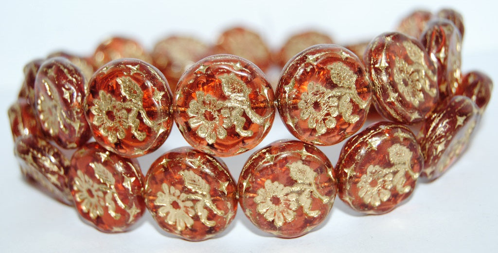 Round Flat With Flower Marguerite Pressed Glass Beads, Transparent Pink 54202 (70100 54202), Glass, Czech Republic