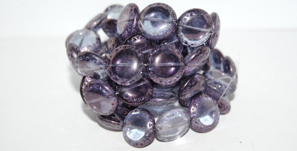 Flat Round Pressed Glass Beads With Ornament, Crystal Luster Lila (30 14494), Glass, Czech Republic