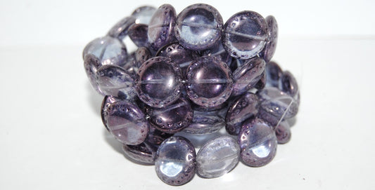 Flat Round Pressed Glass Beads With Ornament, Crystal Luster Lila (30 14494), Glass, Czech Republic
