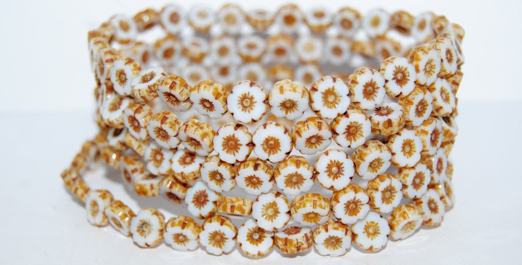 Table Cut Round Beads Hawaii Flowers, White 86801 (2010 86801), Glass, Czech Republic