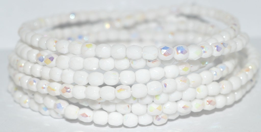 Fire Polished Round Faceted Beads, Chalk White Ab (3000 Ab), Glass, Czech Republic