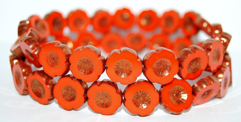 Table Cut Round Beads Hawaii Flowers, Opaque Orange Bronze (93160 14415), Glass, Czech Republic