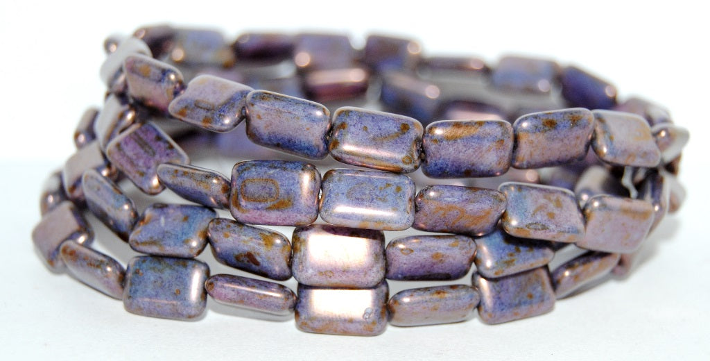 Rectangle Pressed Glass Beads, Chalk White Stain With Luster Violet (3000 65426), Glass, Czech Republic