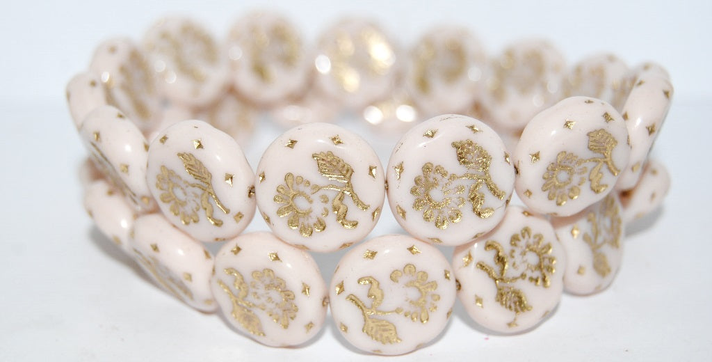 Round Flat With Flower Marguerite Pressed Glass Beads, Opaque Pink 54202 (73010 54202), Glass, Czech Republic
