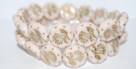 Round Flat With Flower Marguerite Pressed Glass Beads, Opaque Pink 54202 (73010 54202), Glass, Czech Republic