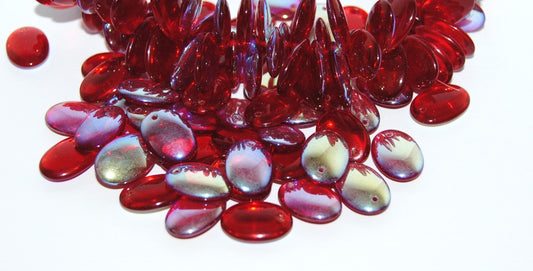 Lentil Flat Oval Pressed Glass Beads, Ruby Red Ab (90080 Ab), Glass, Czech Republic