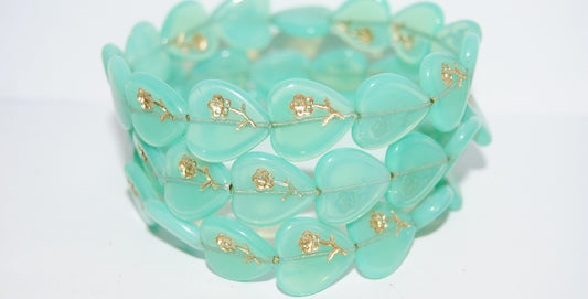 Heart Pressed Glass Beads With Flower, Opal Aqua 54202 (61100 54202), Glass, Czech Republic