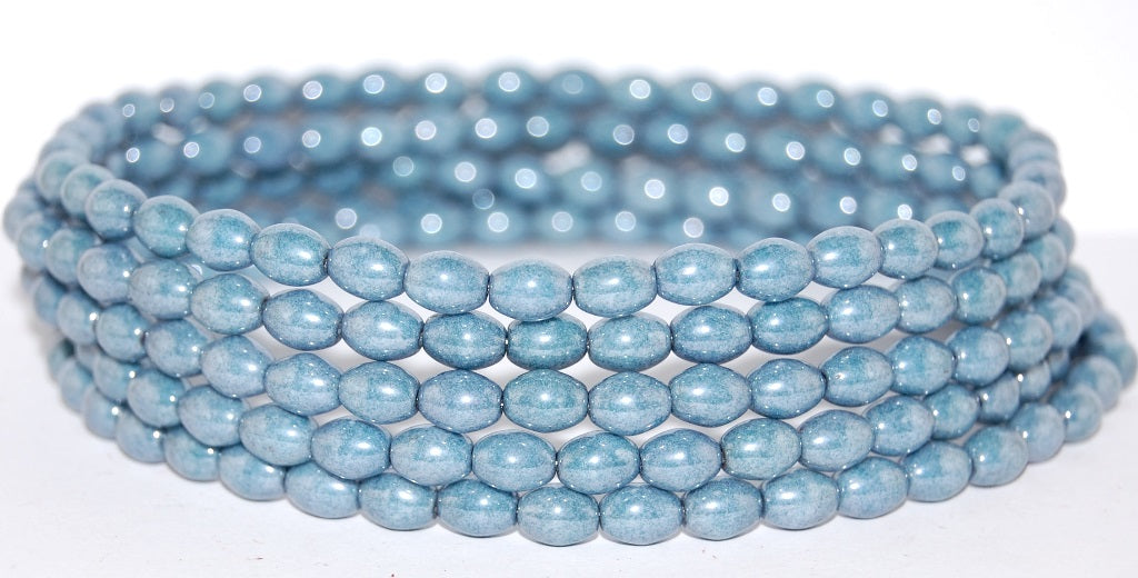 Olive Oval Pressed Glass Beads, Luster Blue Full Coated (14464), Glass, Czech Republic