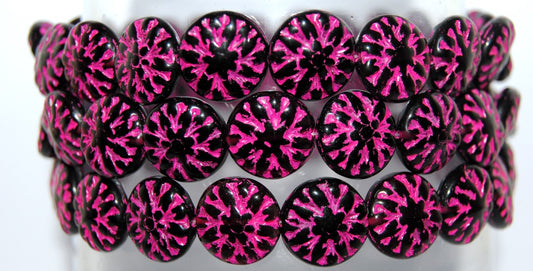 Round Flower Edelweiss Pressed Glass Beads, Black 46470 (23980 46470), Glass, Czech Republic