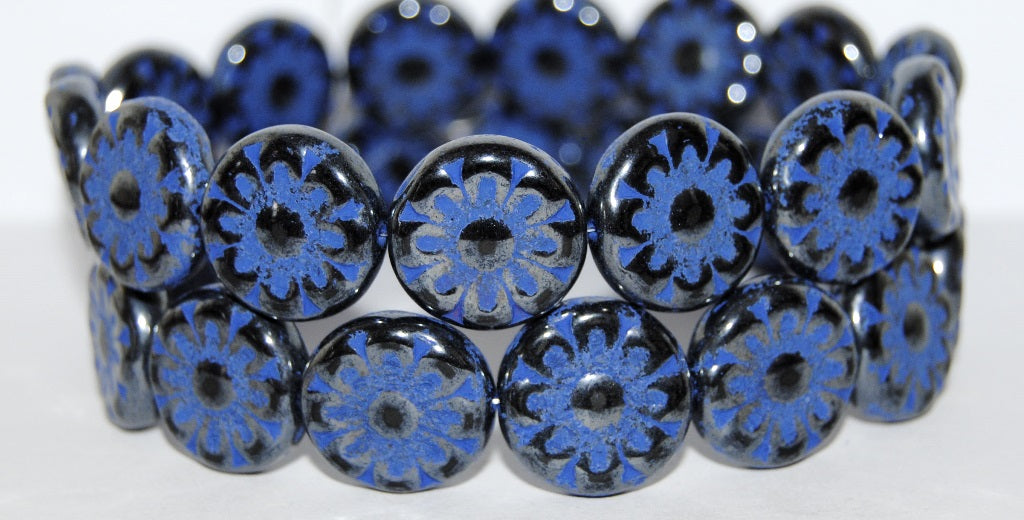 Flat Round With Flower Pressed Glass Beads, Black 14433202 (23980 14433202), Glass, Czech Republic