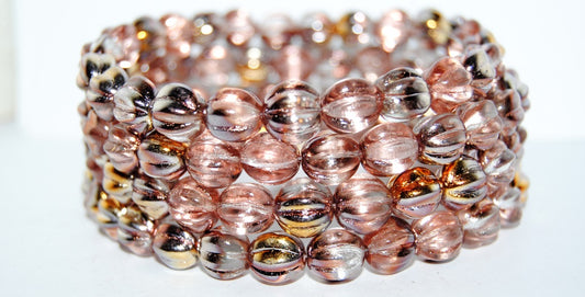 Melon Round Pressed Glass Beads With Stripes, Crystal Prismatic Phoenix (30 27104), Glass, Czech Republic