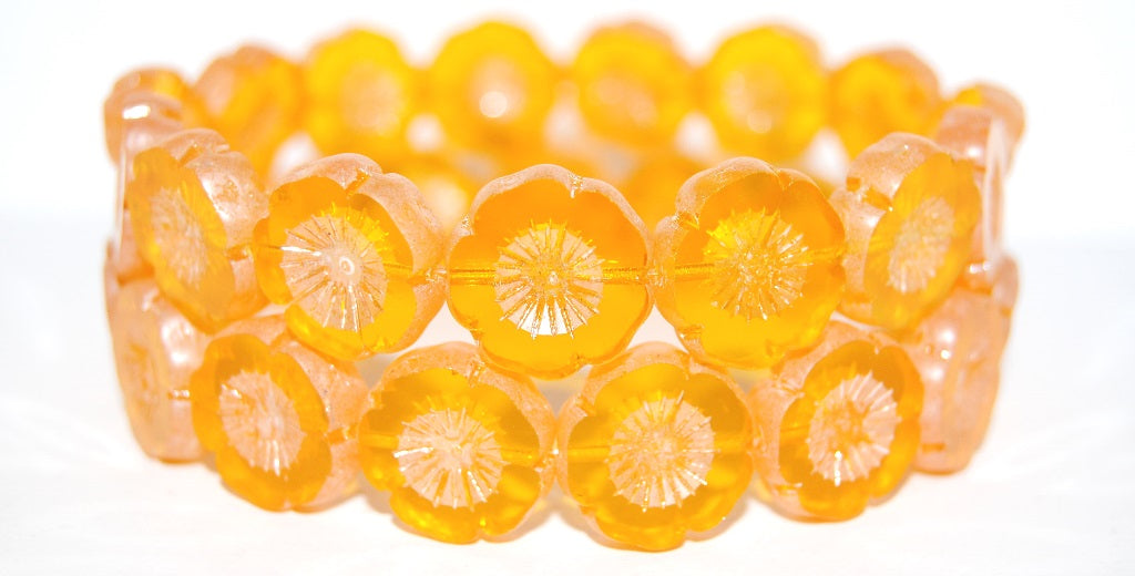 Table Cut Round Beads Hawaii Flowers, Transparent Orange Luster Cream (90010 14401), Glass, Czech Republic