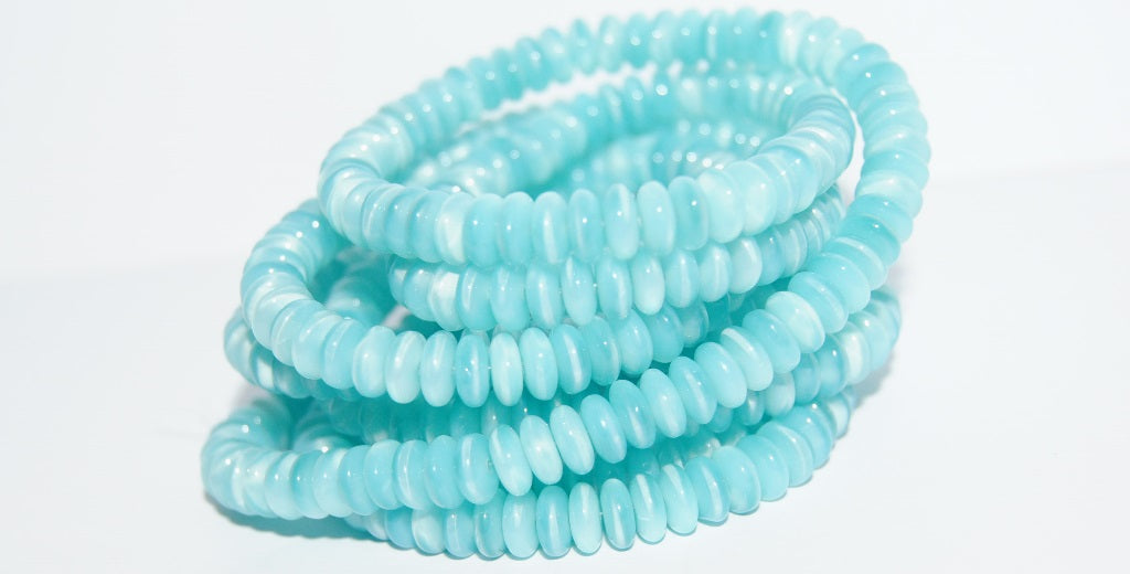 Flat Round Wheel Pressed Glass Beads, Opal Aqua (61300), Glass, Czech Republic