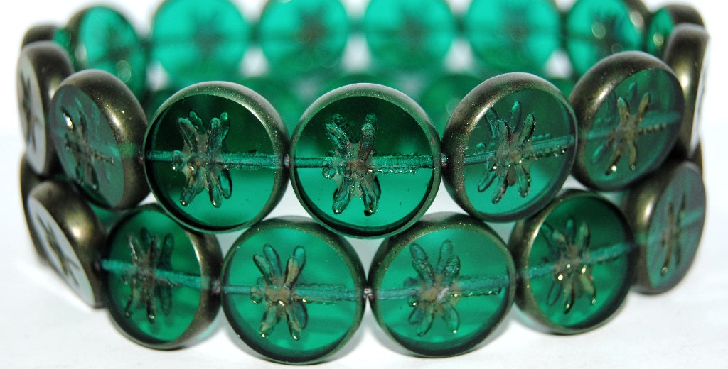 Table Cut Round Beads With Dragonfly, Transparent Green Emerald 14495M (50720 14495M), Glass, Czech Republic