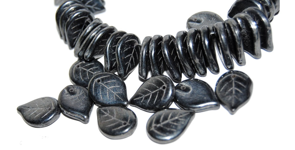 Leaf Pressed Glass Beads, Black Hematite (23980 14400), Glass, Czech Republic