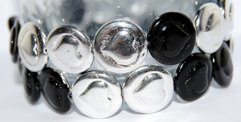 Round Flat Wit Convex Heart Pressed Glass Beads, Black Crystal Silver Half Coating (23980 27001), Glass, Czech Republic