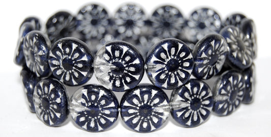 Flat Round With Flower Pressed Glass Beads, (36028 54201), Glass, Czech Republic