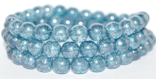 Round Pressed Glass Beads Druck, Luster Blue Full Coated Crack (14464 Crack), Glass, Czech Republic