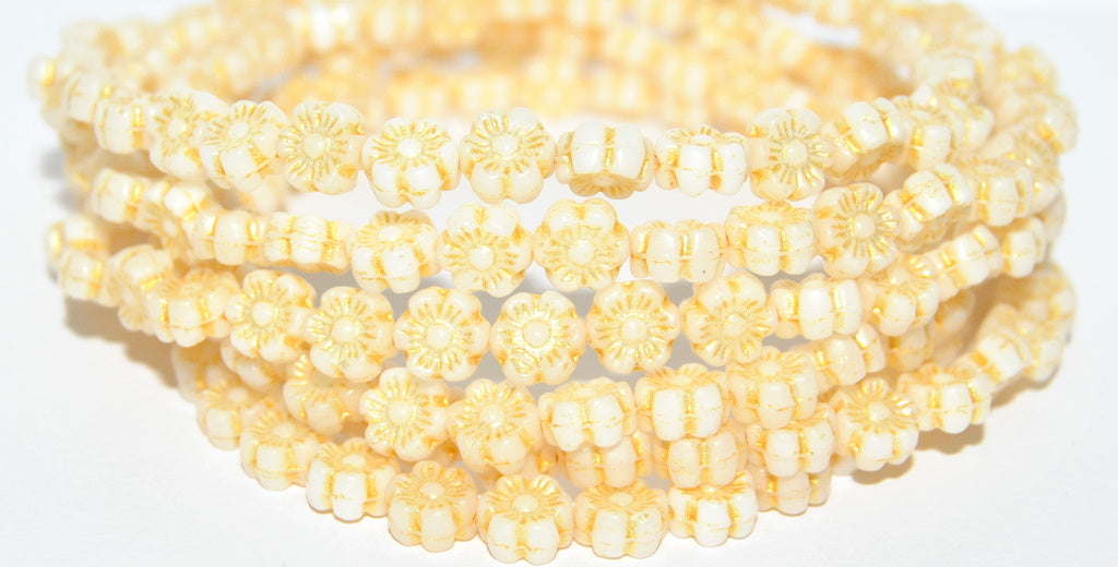 Hawaii Flower Pressed Glass Beads, White 43803 Matalic (2010 43803 Matalic), Glass, Czech Republic