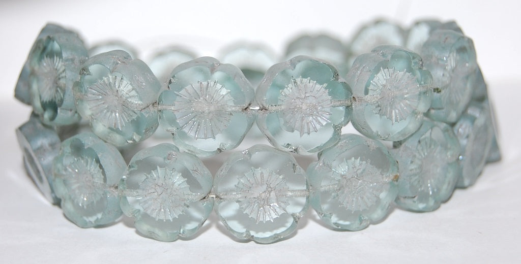 Table Cut Round Beads Hawaii Flowers, Transparent Blue Luster Cream (30010 14401), Glass, Czech Republic