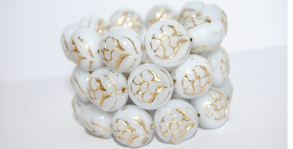 Round With Flower Pressed Glass Beads, (4000 54202), Glass, Czech Republic