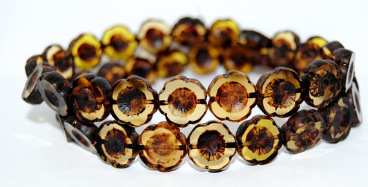 Table Cut Round Beads Hawaii Flowers, Mixed Colors Topaz Travertin (Mix Topaz 86800), Glass, Czech Republic