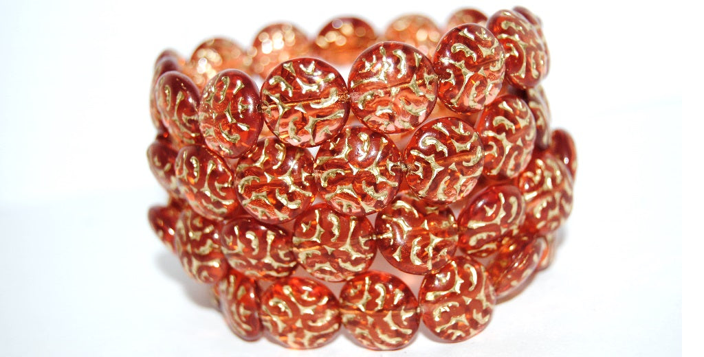 Lentil Round With Ornament Brain Pressed Glass Beads, Transparent Pink 54202 (70100 54202), Glass, Czech Republic