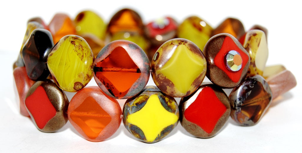 Table Cut Flat Round Beads With Rhomb, Red Mixed Colors (Red Mix), Glass, Czech Republic