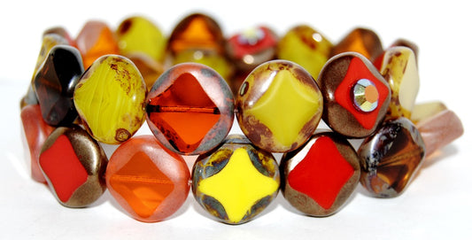 Table Cut Flat Round Beads With Rhomb, Red Mixed Colors (Red Mix), Glass, Czech Republic
