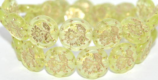 Round Flat With Flower Marguerite Pressed Glass Beads, Transparent Yellow 54202 Uranium (80130 54202 Uranium), Glass, Czech Republic