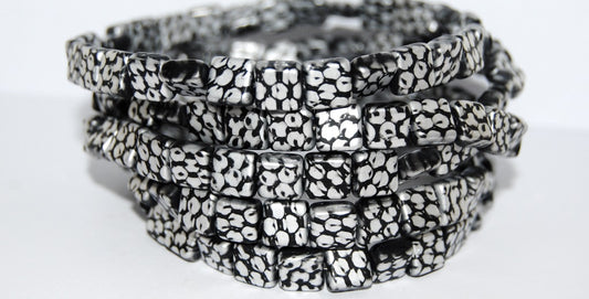 Flat Square Pressed Glass Beads, Black Crystal Silver Half Coating Zt Matte (23980 27001 Zt M), Glass, Czech Republic