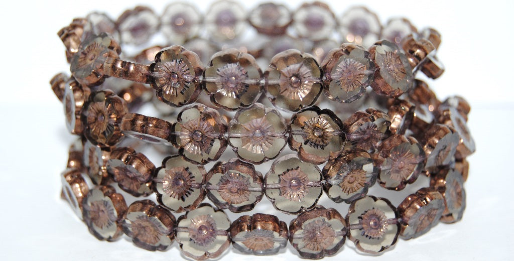 Table Cut Round Beads Hawaii Flowers, Gray Bronze (40010 14415), Glass, Czech Republic