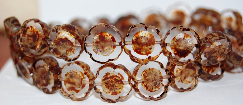 Table Cut Round Beads Hawaii Flowers, Crystal Travertin (30 86800), Glass, Czech Republic