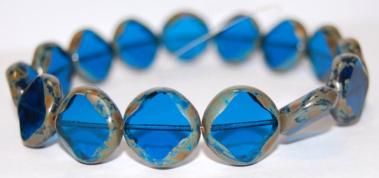 Table Cut Flat Round Beads With Rhomb, Transparent Aqua 43400 (60050 43400), Glass, Czech Republic