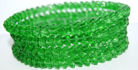 Bell Flower Pressed Glass Beads, Transparent Green (50500), Glass, Czech Republic