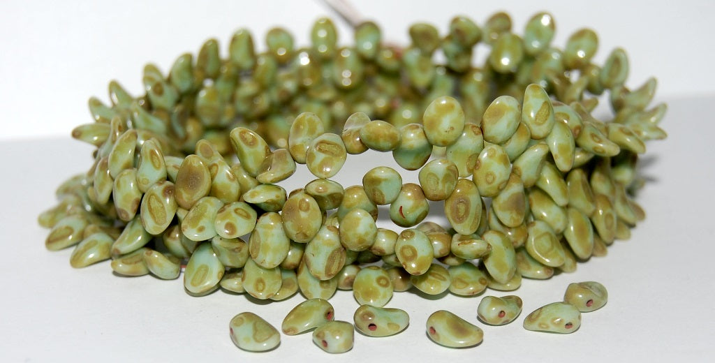 Leaf Tongue Pressed Glass Beads, Opaque Green Travertin (53110 86800), Glass, Czech Republic