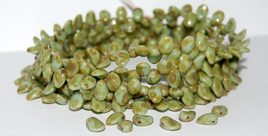 Leaf Tongue Pressed Glass Beads, Opaque Green Travertin (53110 86800), Glass, Czech Republic