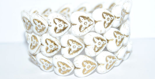 Heart With Flower Pressed Glass Beads, Chalk White 54202 (3000 54202), Glass, Czech Republic