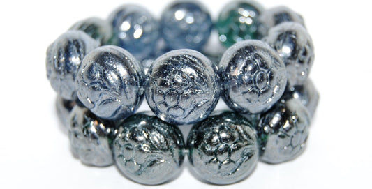 Round With Flower Pressed Glass Beads, Mixed Colors Green Blue Hematite (Mix Green Blue 14400), Glass, Czech Republic