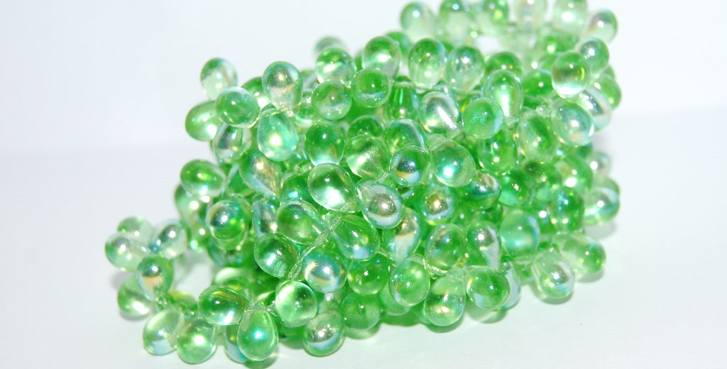 Pear Drop Pressed Glass Beads, Transparent Green Ab (50800 Ab), Glass, Czech Republic