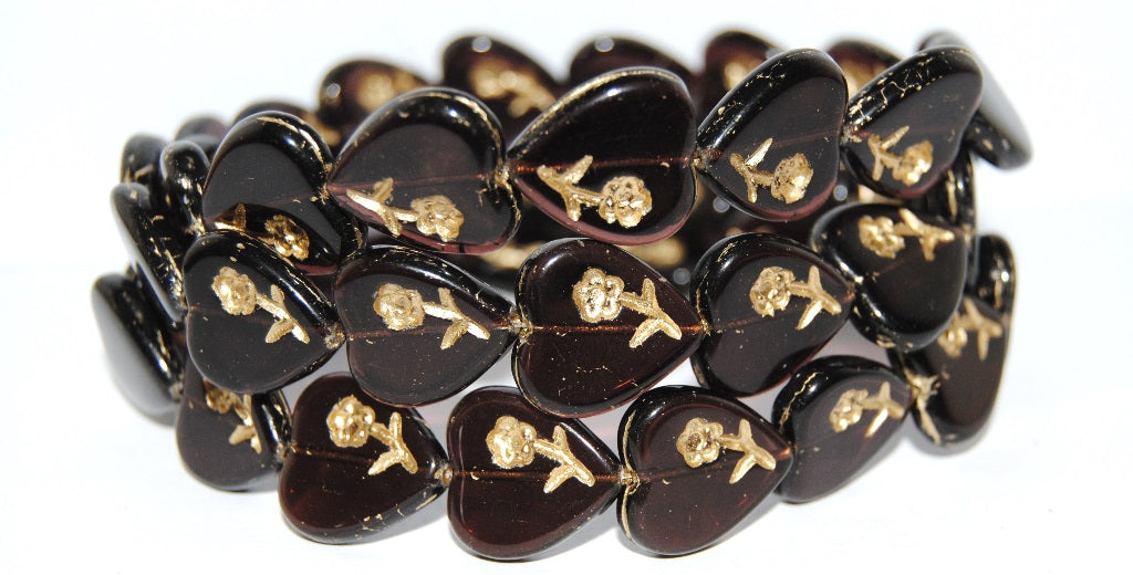 Heart Pressed Glass Beads With Flower, Transparent Amethyst 54202 (20080 54202), Glass, Czech Republic