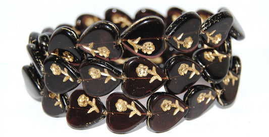 Heart Pressed Glass Beads With Flower, Transparent Amethyst 54202 (20080 54202), Glass, Czech Republic