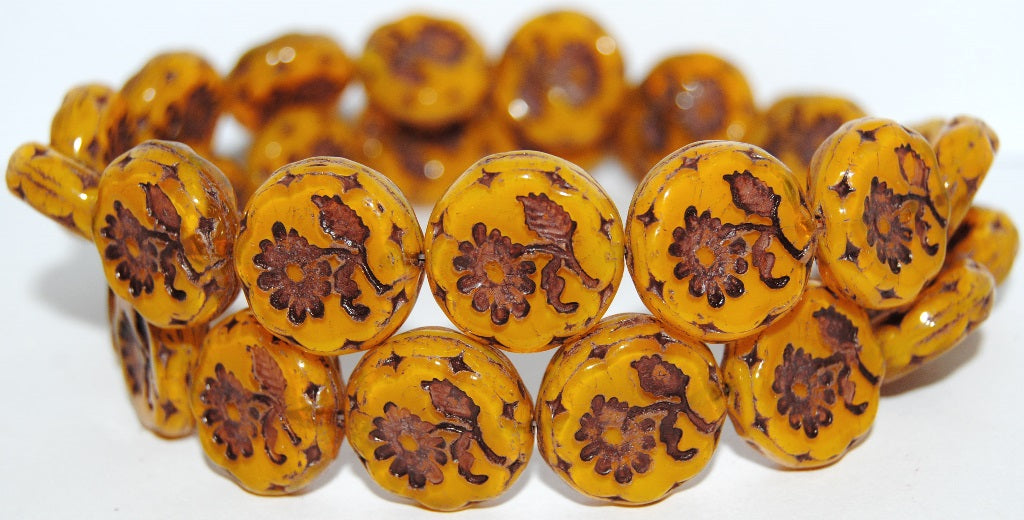 Round Flat With Flower Marguerite Pressed Glass Beads, Opal Yellow 46410 (81210 46410), Glass, Czech Republic