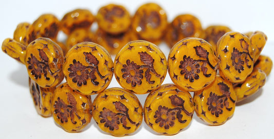 Round Flat With Flower Marguerite Pressed Glass Beads, Opal Yellow 46410 (81210 46410), Glass, Czech Republic