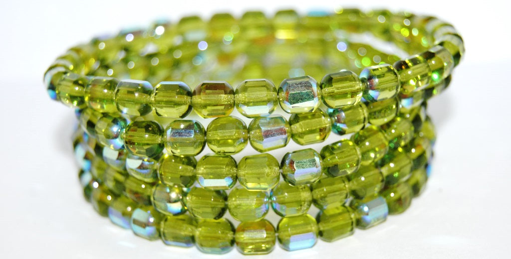 6-Cut Fire Polished Faceted Glass Beads, Transparent Green Ab (50210 Ab), Glass, Czech Republic